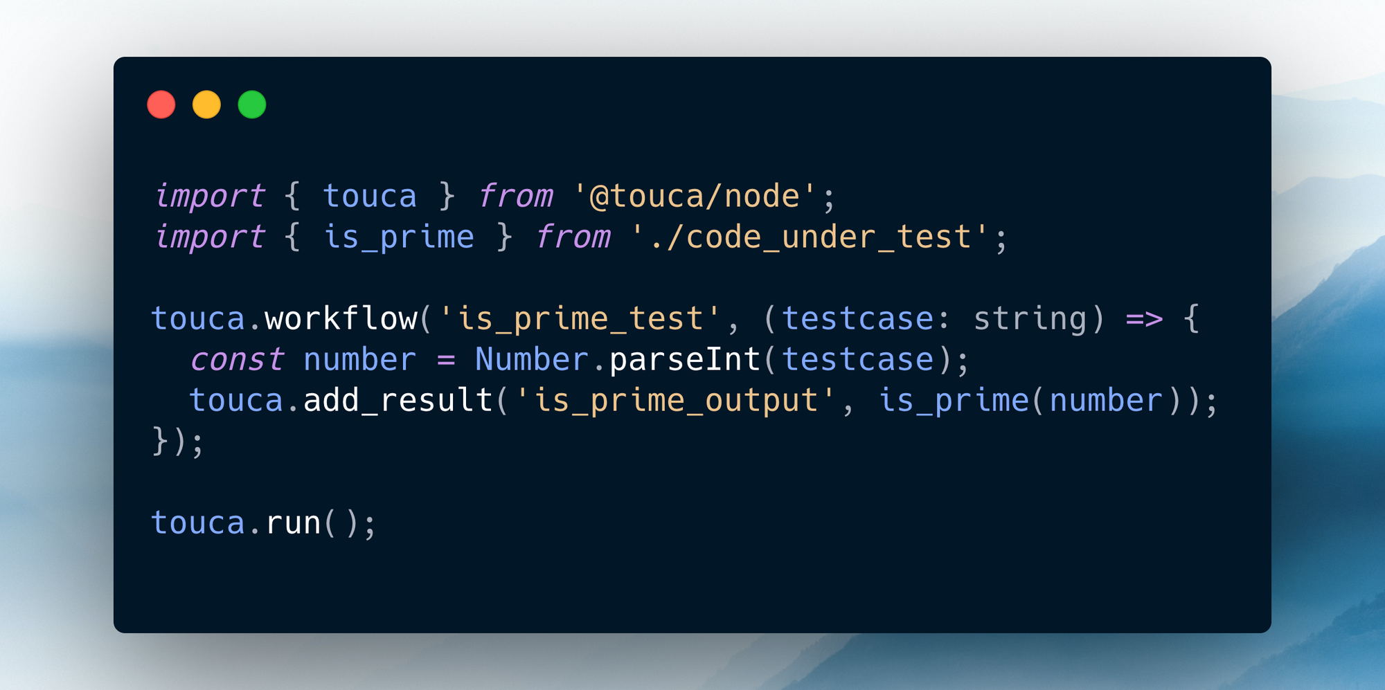 Sample code for testing an is_prime function with Touca SDK for Node.js