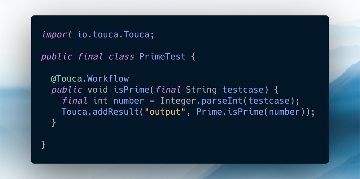 Sample test code using Touca SDK for Java